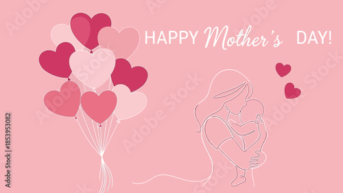 heart-shaped balloons and a mother and child illustration 