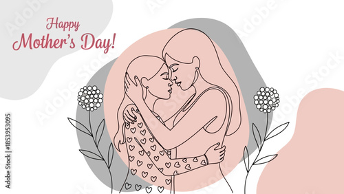 A line art illustration of a mother and daughter embracing with "Happy Mother's Day!" text and abstract shapes.