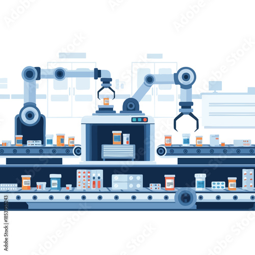 Pharmaceutical production line with robotic arms handling various medication containers