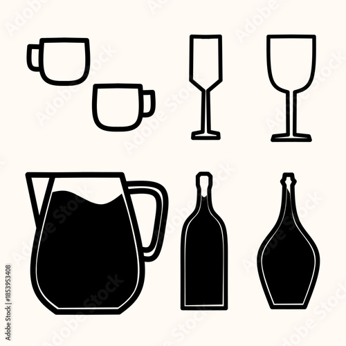 set of wine bottles, glasses, coffee cups, wine glasses, a water pitcher, and beverage bottles