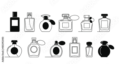 Selection of various perfume bottle shapes and sizes shown as both solid black silhouettes and fine line drawings on a white background.