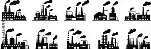 Collection of Ten Black Silhouettes of Industrial Factories Emitting Smoke factory manufacturing