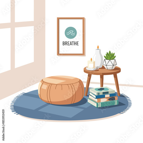 Calm interior illustration with "Breathe" art, pouf, candles, plant, books, and rug