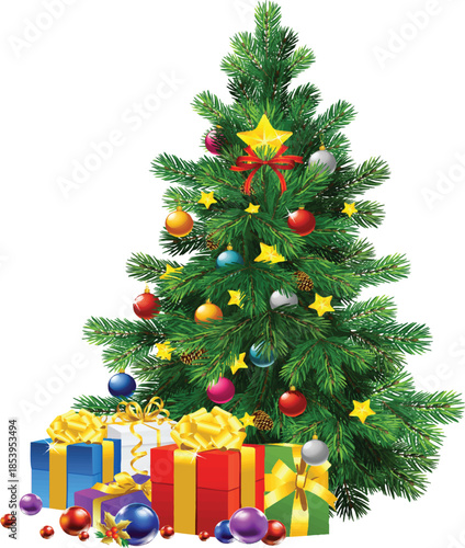 Art & illustration of a Christmas tree with gifts.