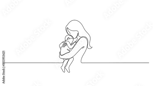 Continuous line art drawing of a mother embracing her baby, symbolizing love and care and the bond between them.