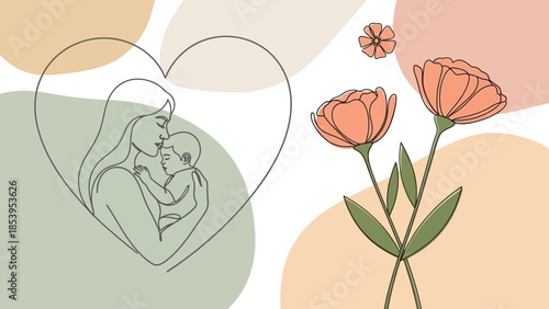 A line art illustration of a mother embracing her baby within a heart, alongside elegant line art flowers, set against a soft, abstract background.