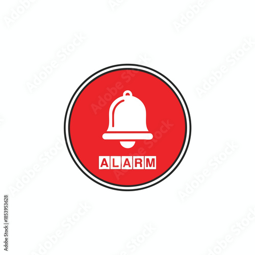 Red circle with a white bell, and the word "ALARM"  printed beneath it