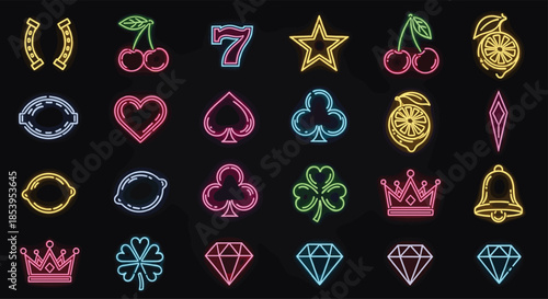 Large set of neon glowing casino icons featuring gambling symbols like cherries sevens hearts and diamonds against a dark black background.