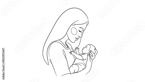 Minimalist line art drawing of a mother tenderly holding her newborn baby.
