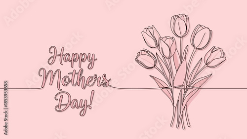 Happy Mother's Day greeting card with continuous line art drawing of a tulip bouquet on a pink background.
