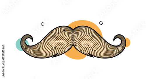 Creative illustration of a large blonde curly mustache with abstract teal and orange circles and geometric shapes in the background.