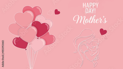 A pink background with heart-shaped balloons and a mother and child illustration for Mother's Day celebration.