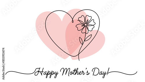 A continuous line drawing of two pink hearts with a flower inside, and 'Happy Mother's Day!' text below, on a white background.
