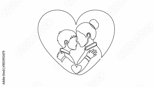 Continuous line art drawing of a mother and child embracing within a heart shape, symbolizing love and family bond.