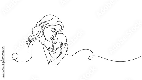 Continuous line art of a loving mother embracing her newborn baby with tenderness.
