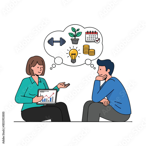 Two figures, one advising on financial/life goals, and a thought bubble of aspirations