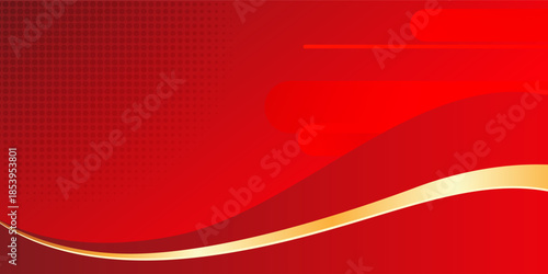 Abstract red background featuring a flowing golden wave at the bottom, horizontal speed lines, and a subtle halftone dot pattern