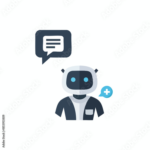 A robot-like character with a speech bubble, and plus sign bubble