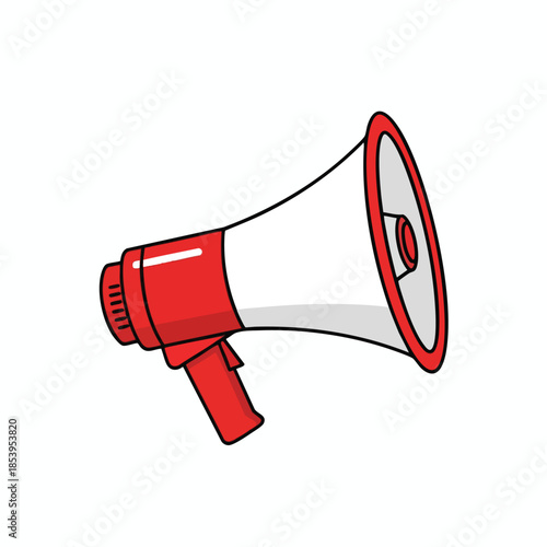 A cartoon-style megaphone, red and white, outlined in black, tilted slightly