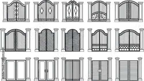 Decorative Garden Gate and Fence Door Line Icons Set Featuring Metal and Wooden Entrance Designs, Architecture Elements and Property Boundary Symbols