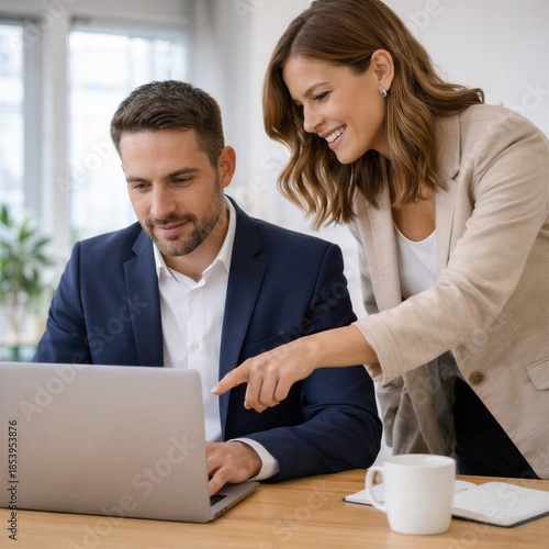 Male and female business colleagues collaborating on a laptop at the office, discussing data and digital solutions.