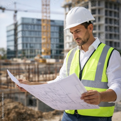Professional Construction Engineer Reviewing Blueprints at Building Site