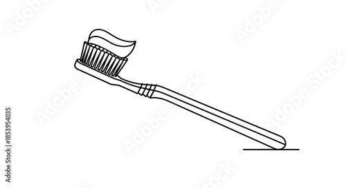 Simple black and white line drawing of a plastic toothbrush with a swirl of toothpaste on top isolated on a clean white background.