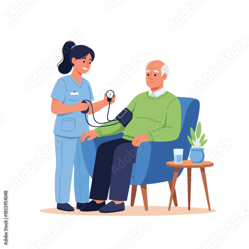 A nurse in scrubs measures an older man's blood pressure while he sits in a chair