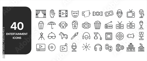 Large collection of 40 thin line entertainment and media icons cinema movie
