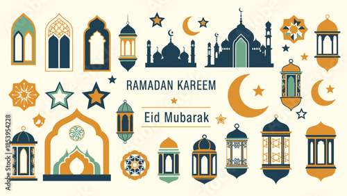 Ramadan Kareem and Eid Mubarak decorative elements with Islamic lanterns, arches, mosques, and stars in a festive color palette