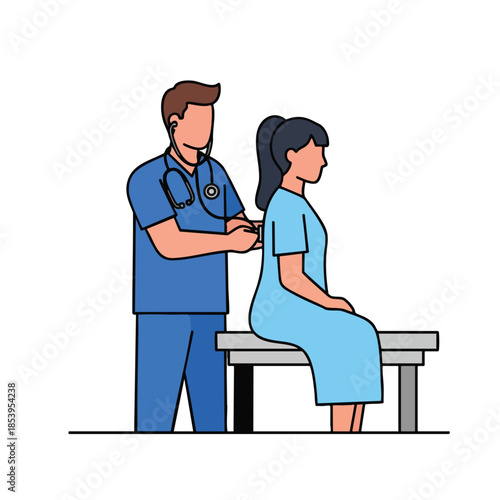 A medical professional uses a stethoscope to examine a seated patient