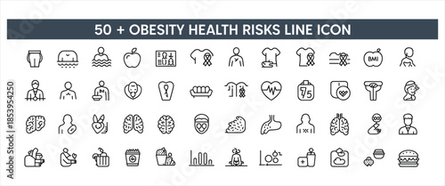 Line Icons Illustrating Over 50 Obesity Health Risks and Related Concepts line art