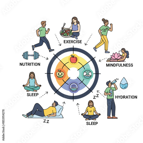 A health wheel depicts nutrition, exercise, sleep, hydration, mindfulness, and balance