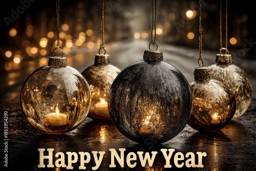 Happy New Year wishes  in golden tones on a festive background with Christmas balls