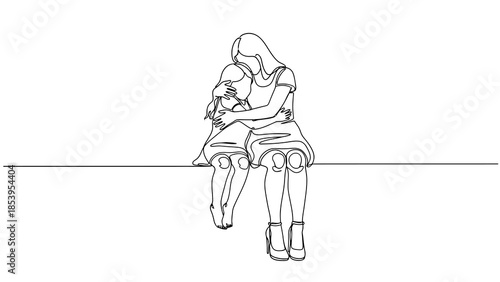 Continuous line drawing of a mother and child embracing while sitting, depicting love, connection, and family bond in a minimalist style.