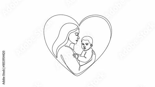 Continuous line art drawing of a loving mother holding her baby within a heart shape, symbolizing maternal love and care.