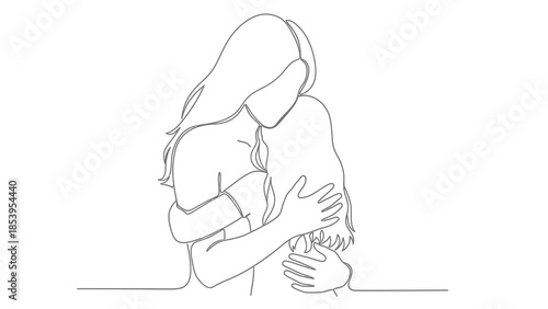 Continuous line drawing of two women embracing, symbolizing love, comfort, and connection in a minimalist style.