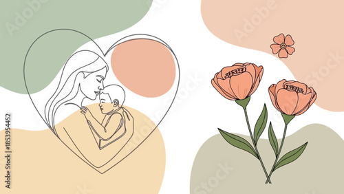 A minimalist line art illustration depicting a mother embracing her baby within a heart, alongside two delicate flowers, on a soft pastel background.