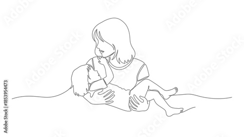 A continuous line art drawing of an older child tenderly holding a younger child, depicting sibling love and care.