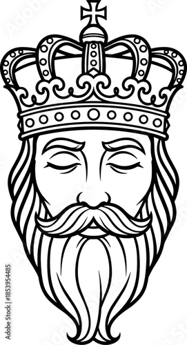 King Head Line Illustration Vector Featuring Royal Crown, Bearded Monarch Portrait, Medieval Ruler, Authority Symbol and Classic Heraldic Design Concept