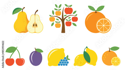 A healthy collection of cartoon fruit and vegetable icons including apple, banana, pineapple, and strawberry vectors in a fresh set of fruits and berries for vegetarian food illustration