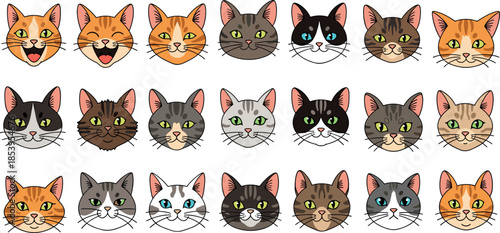 Cute Cat Faces Flat Vector Set Featuring Various Kitty Expressions, Pet Characters, Feline Breeds and Playful Animal Portrait Designs