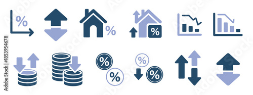 Low and High Interest Rate Symbols. Comprehensive collection of financial icons with up and down arrows representing inflation, investment profit, and debt management.
