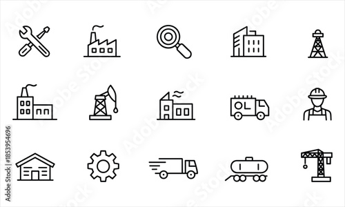 Set of Black Line Icons Representing Industry, Construction, and Business Concepts factory building