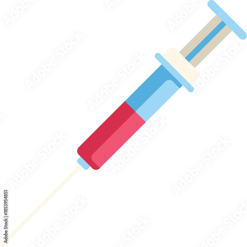 This medical syringe is filled with red liquid and ready for an injection