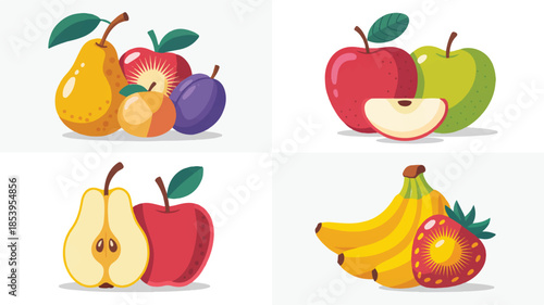 A healthy collection of fresh fruits and vegetables featuring a ripe apple, banana, orange, and strawberry isolated on a white vector illustration set