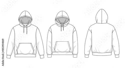 Professional flat sketch of a white hoodie shown from front back and inside views for apparel design and production mockups.