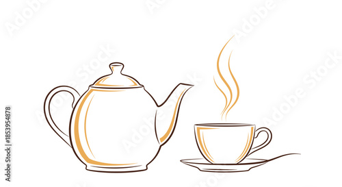 Elegant line art drawing of a classic ceramic teapot and a steaming cup of hot tea on a saucer for a cozy and relaxing atmosphere.
