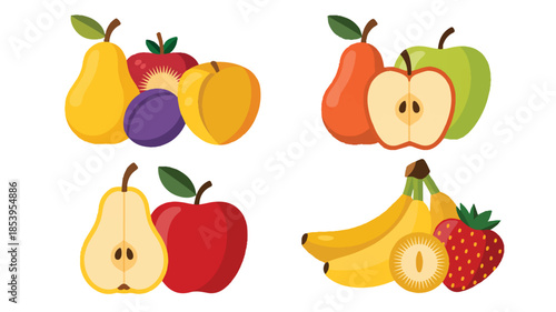 A healthy collection of fresh fruits and vegetables featuring a vector illustration set of apple, banana, orange, strawberry, and lemon icons in a colorful cartoon style