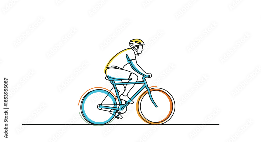 Naklejka premium Dynamic continuous line drawing of a cyclist riding a road bike with bright yellow and blue color accents for a sporty and active theme.